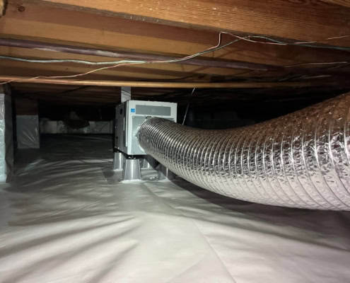 encapsulated crawl space in Fayetteville showing dehumidifier