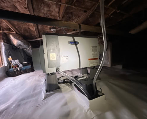 Encapsulated crawlspace on Summer Lakes Dr in Cary showing newly installed dehumidifier