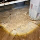 Exposed dirt in crawl space from torn vapor barrier at crawlspace inspection in Cary